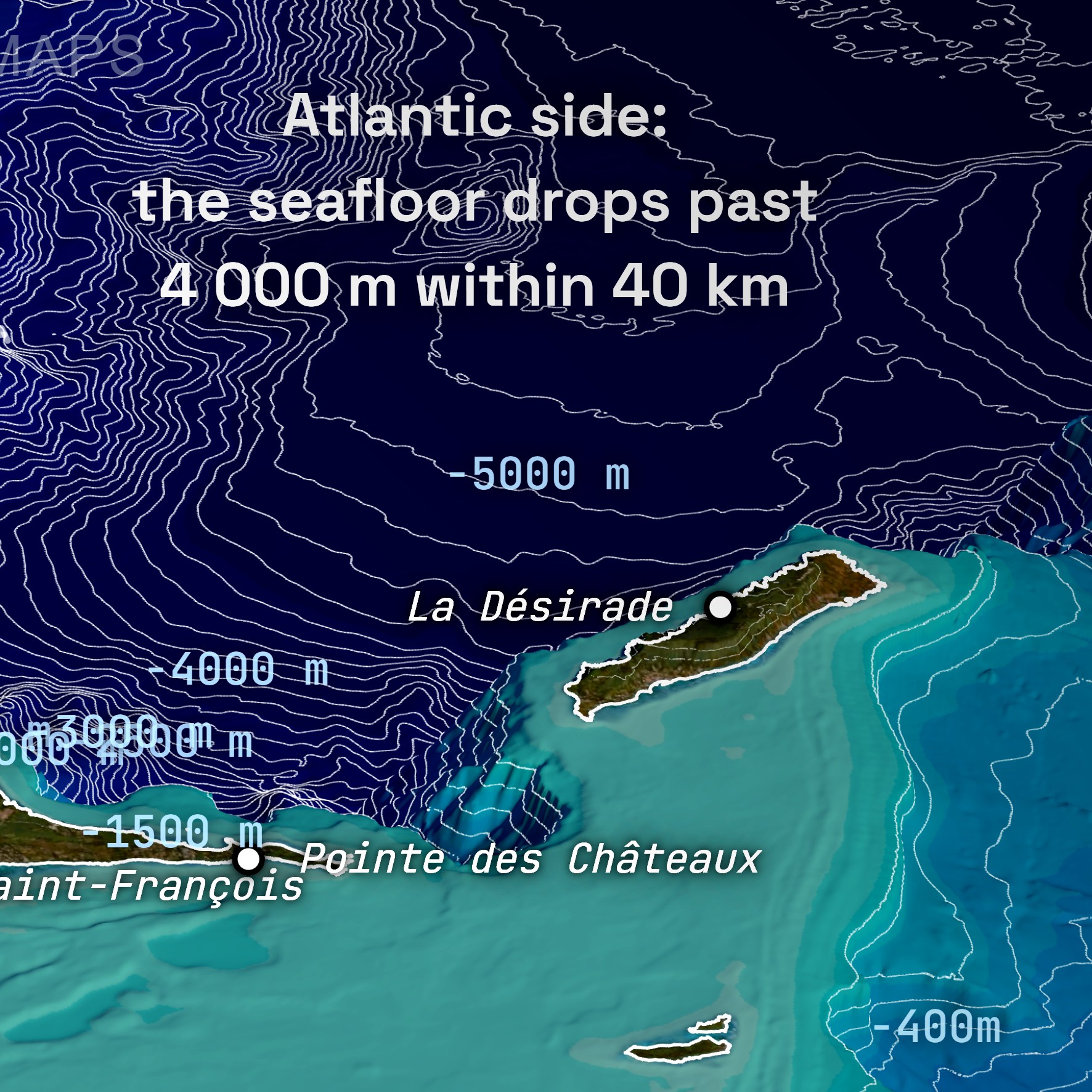 Contour lines showing the Atlantic seafloor dropping past 5,000 m off Guadeloupe