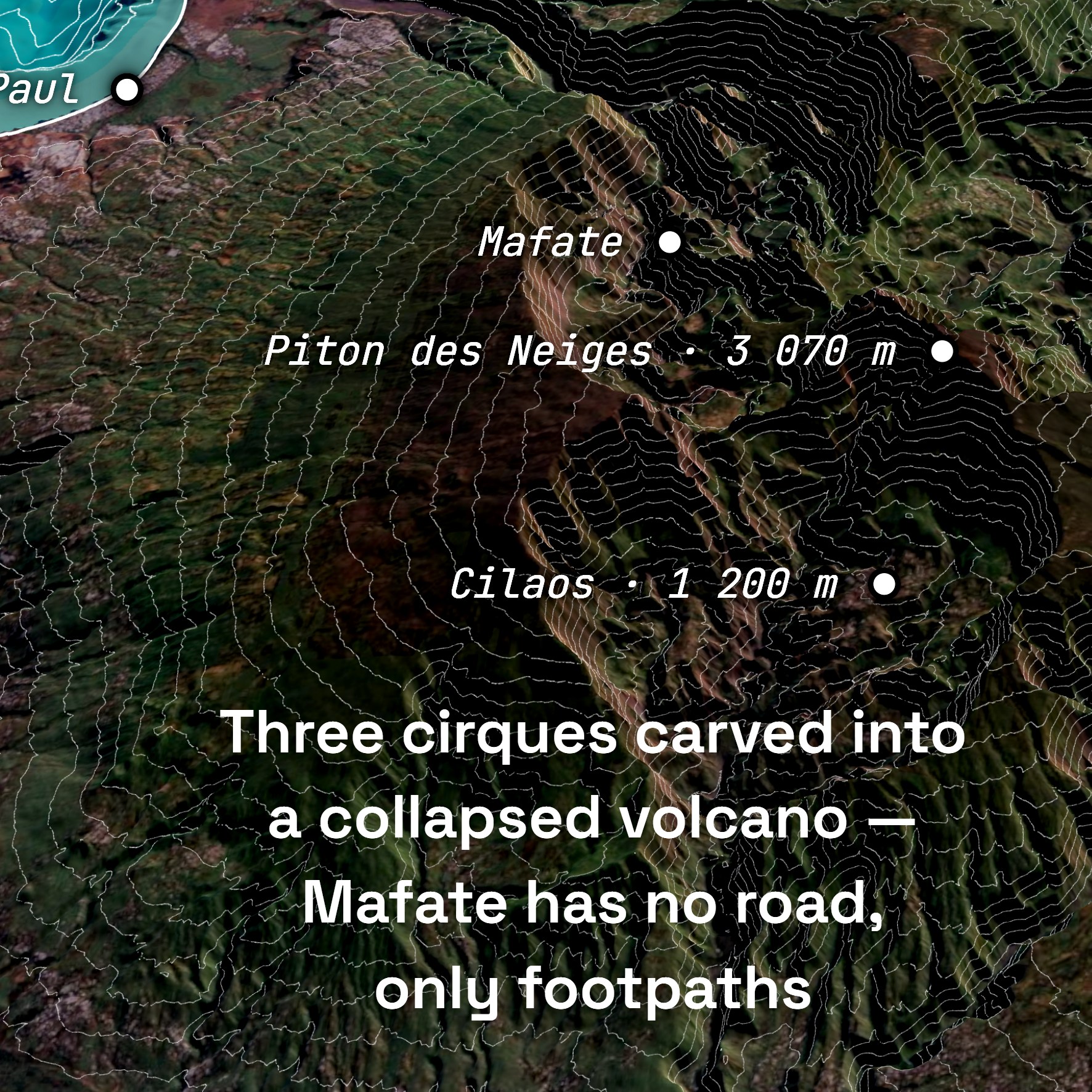 Contour lines over the cirques of the Piton des Neiges on Réunion