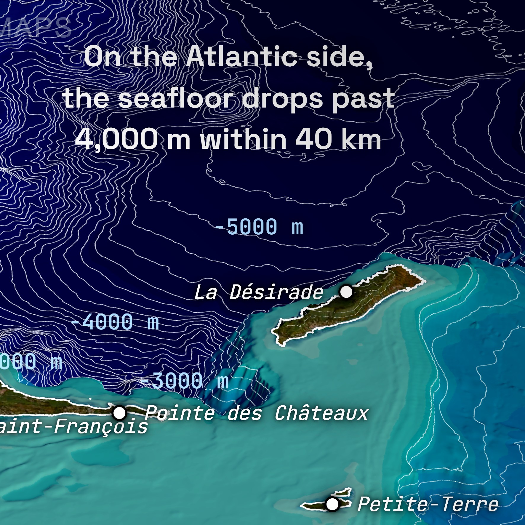 Contour lines showing the Atlantic seafloor dropping past 5,000 m off Guadeloupe