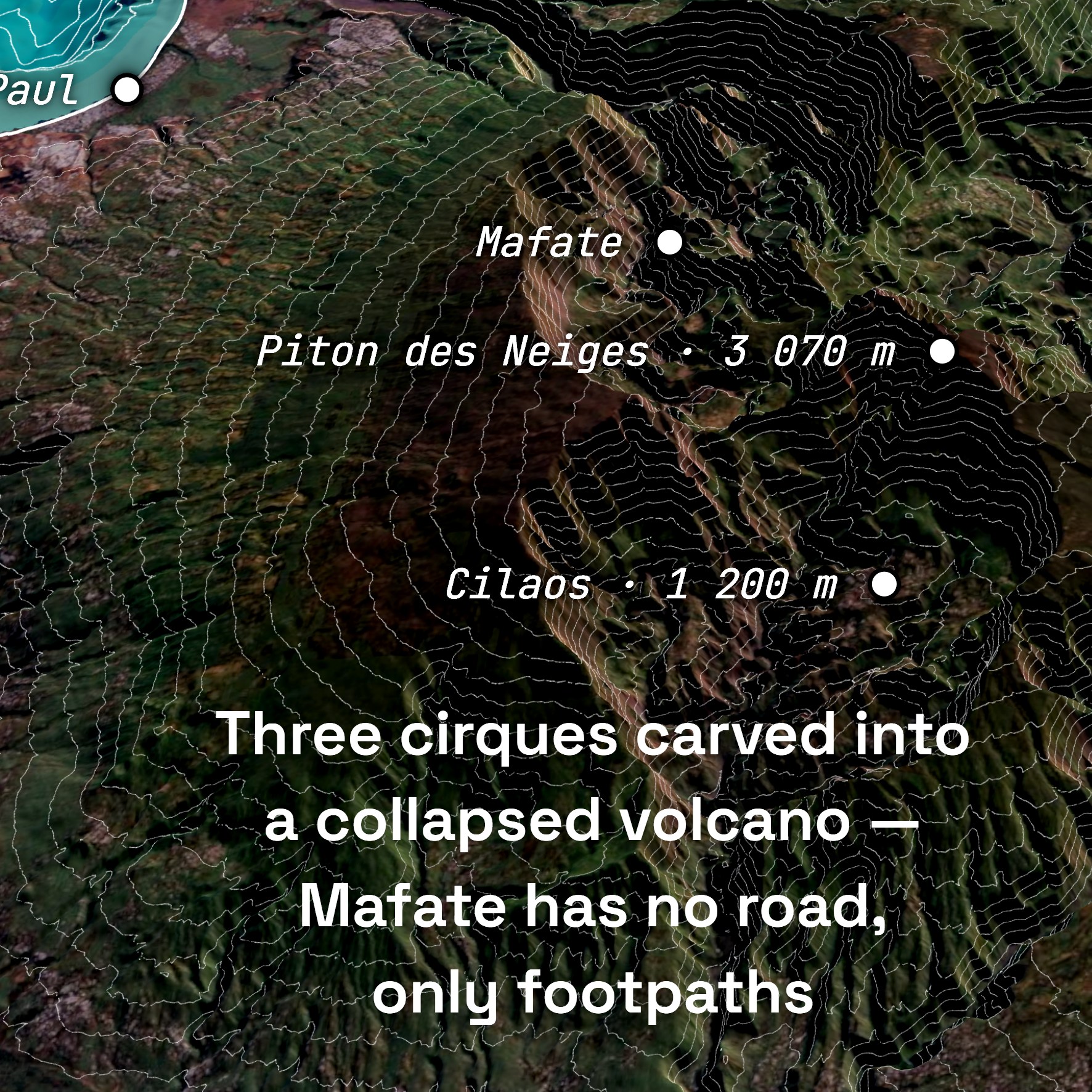 Contour lines over the cirques of the Piton des Neiges on Réunion