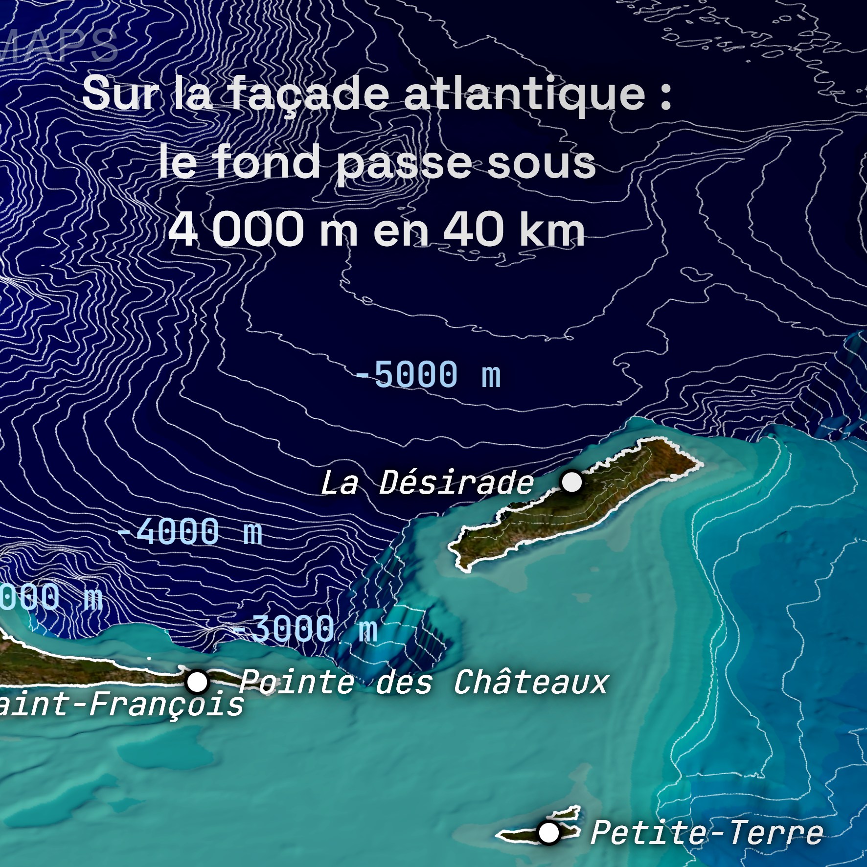 Isobathes montrant le fond atlantique plonger au-delà de 5 000 m au large de la Guadeloupe
