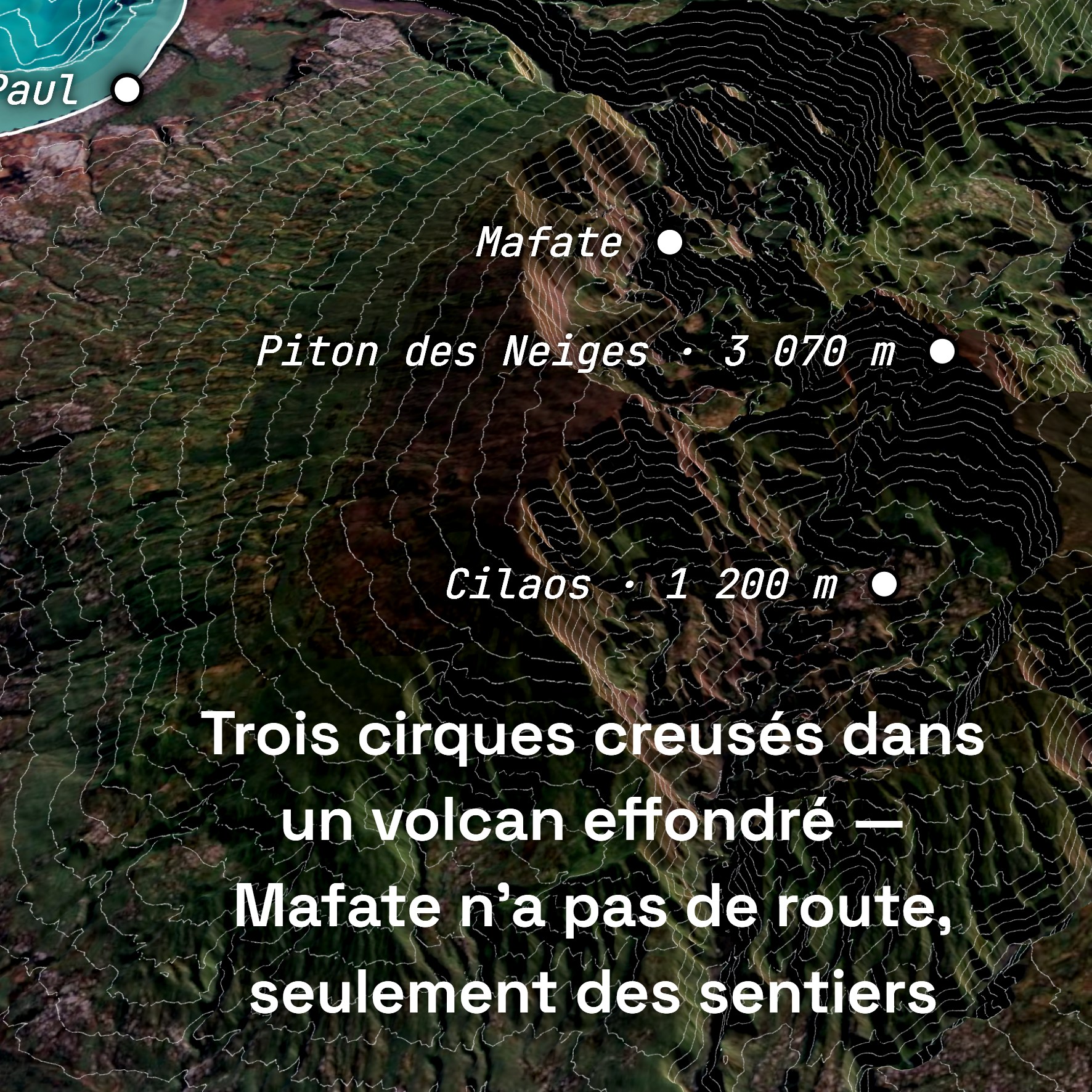 Isohypses sur les cirques du Piton des Neiges, à La Réunion